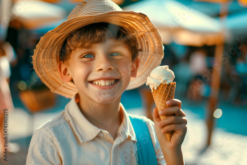 Portrait of a smiling boy in a straw hat eating ice cream in a waffle cone on a warm sunny day