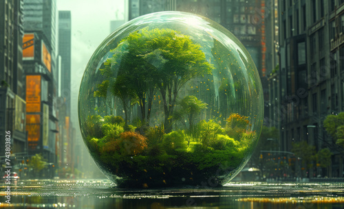 Eco concept. Green ball filled with plants in front of a city street