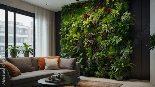 Step into a cozy indoor oasis as lush greenery cascades down the wall  framing a comfortable couch and inviting window in this stylish living room