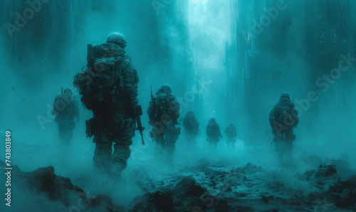 Squad of soldiers walks through misty icy cave. photo