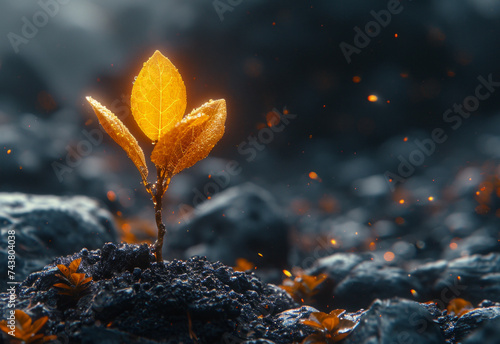 Small sprout breaks through the black earth and flies away. Concept of new life growth hope future.
