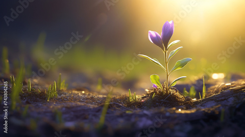 A Tiny Lavender Sprout Grows in a Field Surrounded
