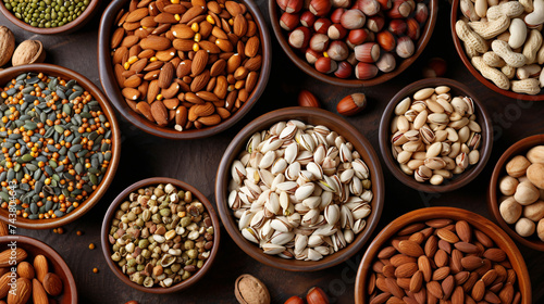 A Variety of Nuts and Seeds in Bowls on a Table.