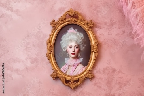 A portrait of a woman captured in a gold frame against a soft pink wall, exuding elegance and grace. The frame enhances the beauty of the subject, creating a stunning visual contrast