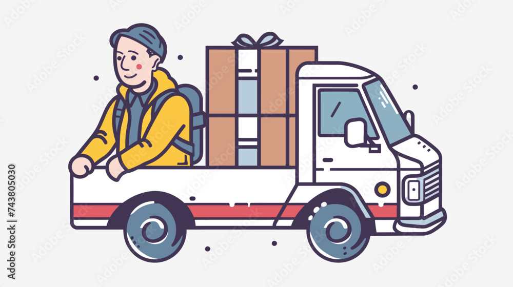 Businessman and delivery truck. Vector illustration in thin line style.