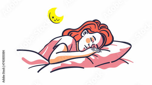 Sleeping woman in bed. Cute cartoon vector illustration.