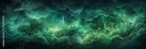 A mysterious captivating scene unfolds as swirling clouds drift across a vivid green and black background, creating a mesmerizing play of shadow and light