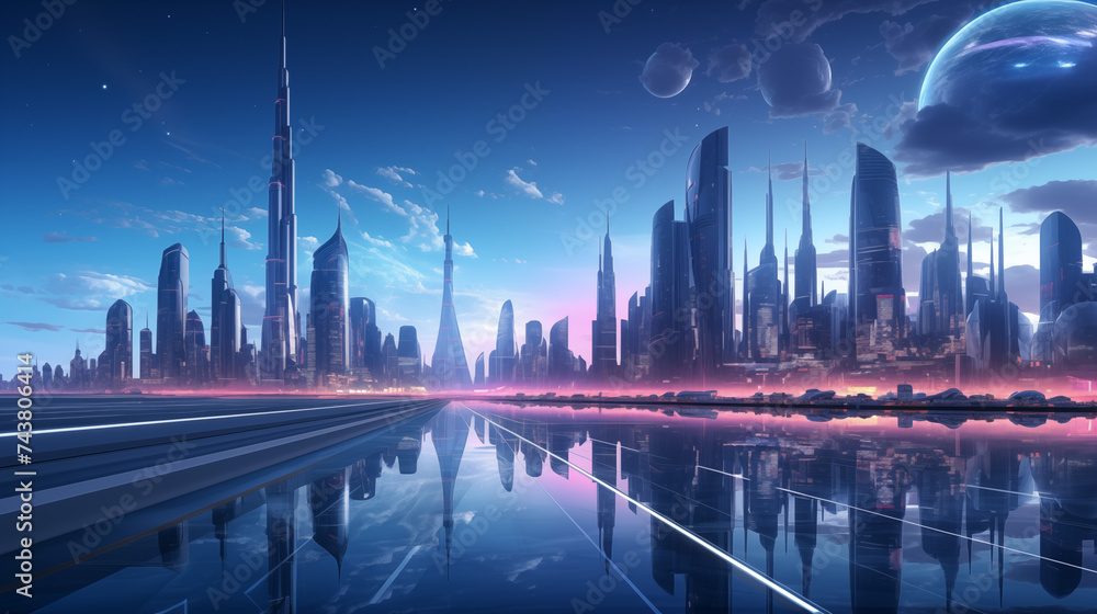 Sci-Fi Cityscape with Neon Lights and Reflective Surfaces
