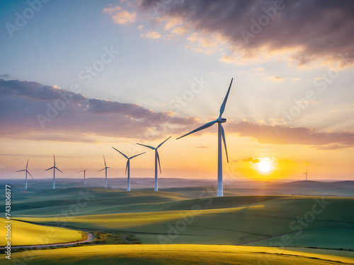 Sustainable wind farm on a green hill with modern wind turbines generating clean energy. clean electric power. Renewable energy concept