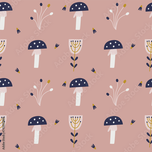 Seamless pattern with colorful north forest flowers and mushrooms on pink background. Modern botanical background. Vector illustration