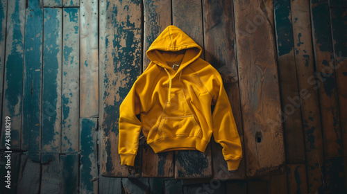 A Yellow Hoodie Sitting on Top of a Wooden Floor.