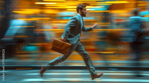 Businessman Rushing Through City Streets with a Briefcase