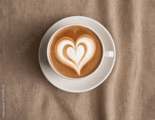 Cup of coffee with cappuccino art in the shape of a heart, on a brown cloth. Warming drink. Minimalistic banner design, flat lay, top view, copy space. Hot drink, seasonal offer concept.