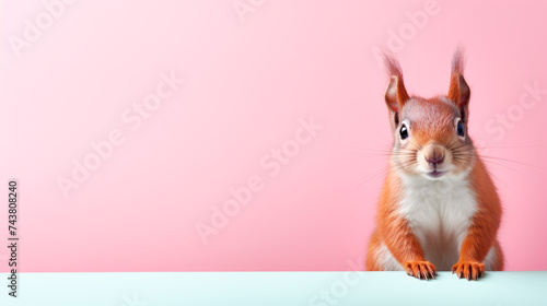 red squirrel on pink background © Rassamee