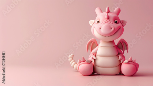 Cheerful  small  pink baby dragon happily smiling against a pale red backdrop. Whimsy card with adorable 3d clay textured like dragon. Bringing warmth to pink-hued card with copy space. Banner for kid