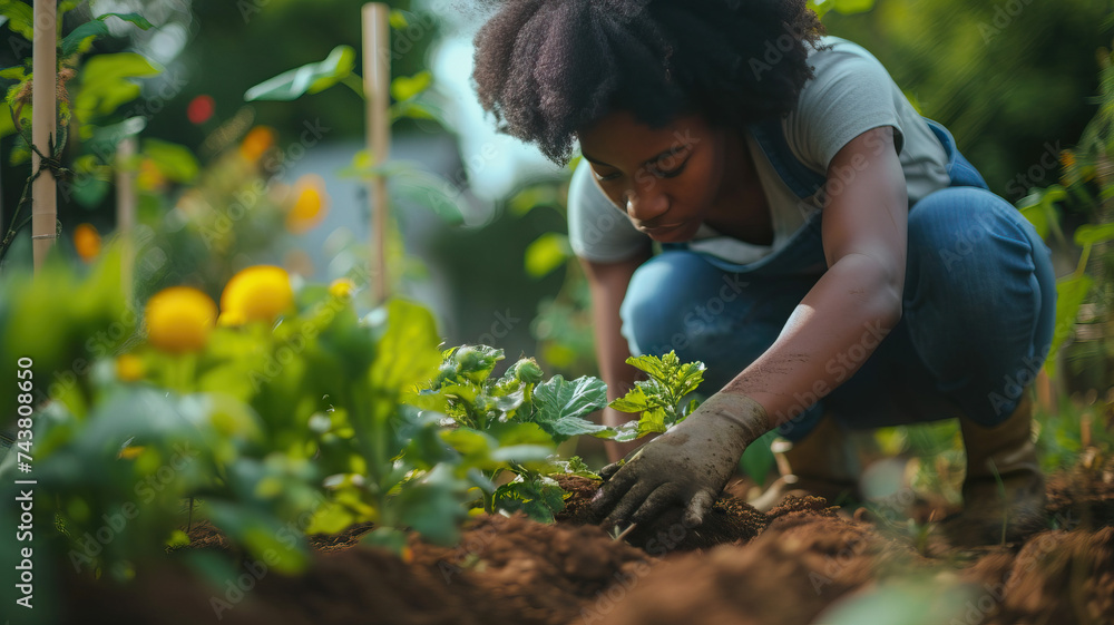 Gardening in the Spring: A black person tending to a garden, planting new flowers and vegetables in the fresh spring soil Gardening in the Spring: A black person tending to a garden, planting new flowers and vegetables in the fresh spring soil