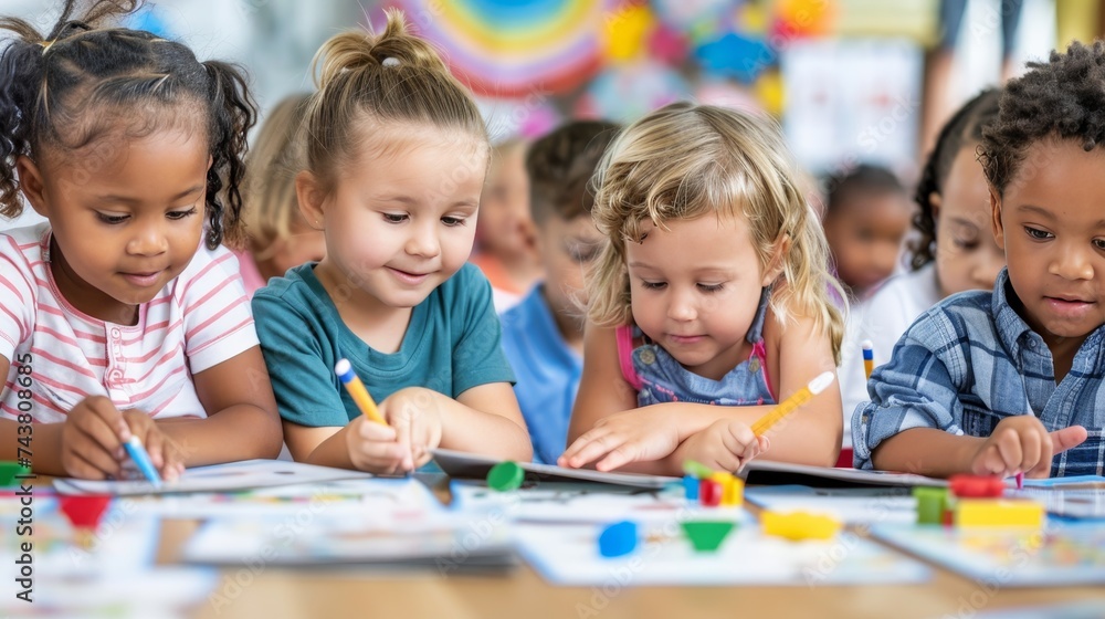 Excited children bonding over a lively board game, enjoying a playful and engaging moment together Excited children bonding over a lively board game, enjoying a playful and engaging moment together
