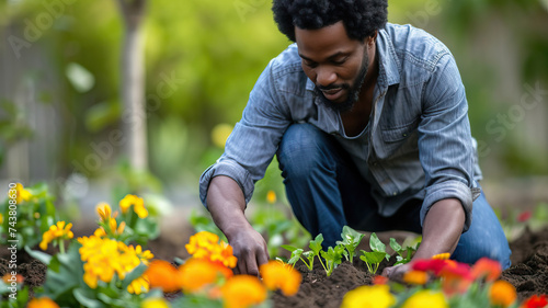 Gardening in the Spring: A black person tending to a garden, planting new flowers and vegetables in the fresh spring soil