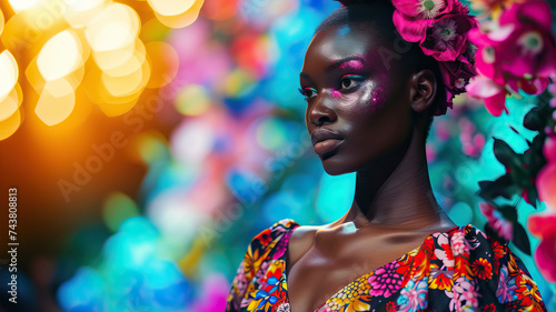 Spring Fashion Showcase: A black model walking down a runway, showcasing colorful and stylish spring outfits with floral patterns and bright hues