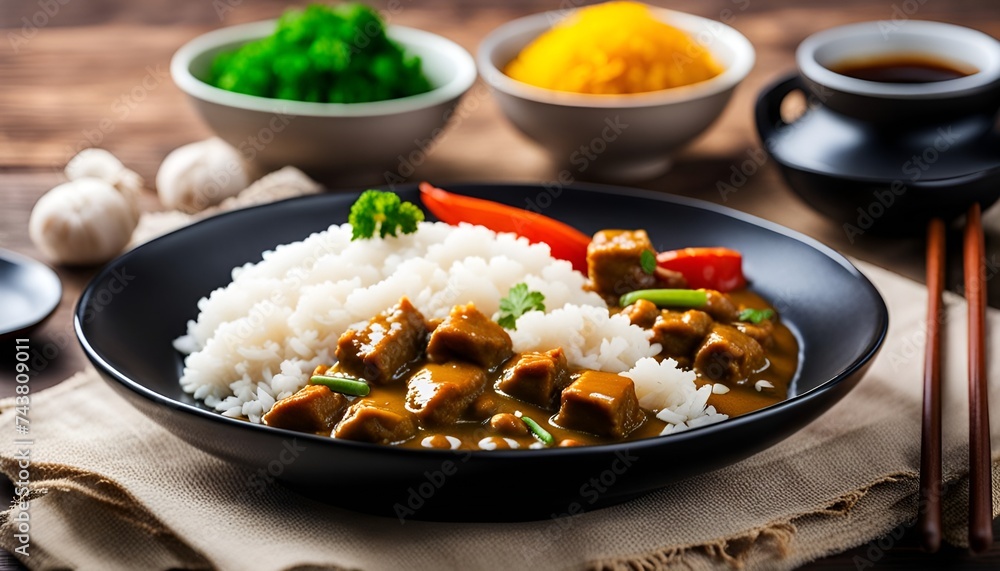 Japanese curry with rice in a black ceramic plate, selective focus
Japanese curry with rice in a black ceramic plate, selective focus