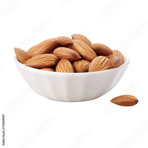 Almond nuts in bowl isolated on transparent background. Healthy food.
