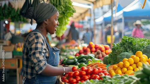 Springtime Farmers Market: A black vendor selling fresh produce at a bustling farmers market, offering a variety of seasonal fruits and vegetables photo