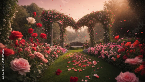 Magic garden of rose bushes