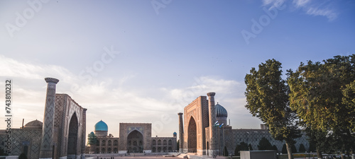 Registan Square, Ulugbek Madrasah, Sherdor Mosque Madrasah and Tillya-Kari Madrasah in the ancient city of Samarkand in Uzbekistan, oriental architecture photo