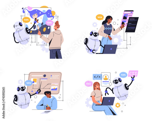 Set of artificial intelligence or AI helpers. Vector cartoon robot help people coding and drawing picture, analyze big data and study lecture. Chat bot teach or machine learning making artwork