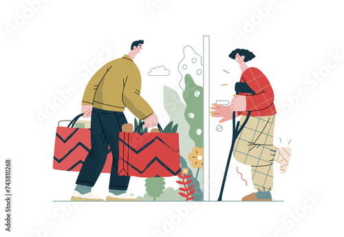 Mutual Support Buying groceries for ill neighbor -modern flat vector concept illustration of man carrying shopping bags for woman on crutches Metaphor of voluntary, collaborative exchanges of services