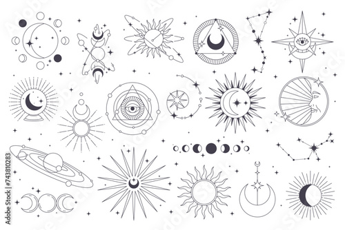 Set of astronomy or astrology icon. Vector celestial or sky sign. Moon and sun, saturn planet and horoscope constellation print. Universe and cosmos, galaxy and lunar label or sticker, design element photo