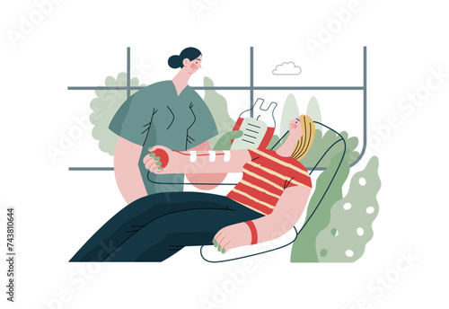Mutual Support: Blood donation -modern flat vector concept illustration of a nurse and woman donating blood A metaphor of voluntary, collaborative exchanges of resource, services