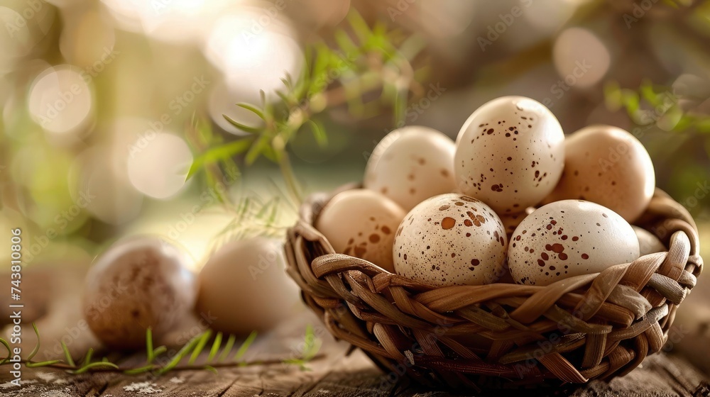 top veiw basket of duck eggs on a wooden table over farm in the countryside