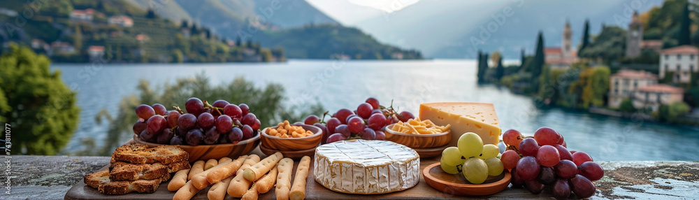 Lake Como with cheese and wine selection on wooden table. Panoramic view of Italian landscape for travel and gastronomy concept. Design for postcard and travel brochure with copy space - obrazy, fototapety, plakaty 