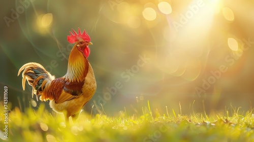 Beautiful Rooster standing on the grass in blurred nature green background.rooster going to crow.