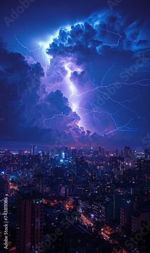 Lightning storm over urban skyline at night. Electrifying cityscape with vibrant blue and purple tones. Weather phenomenon and city life concept for poster and banner design with copy space