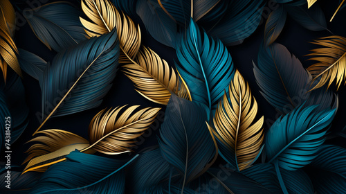 Tropical leaves. Dark green and gold leaf texture. Abstract. Dark background.
