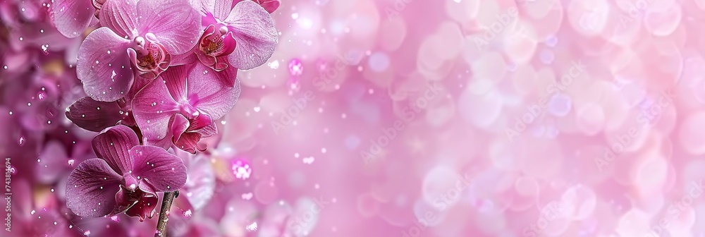 Fototapeta premium Orchids stunning blossoms in radiant refined beauty on blurred background with copy space