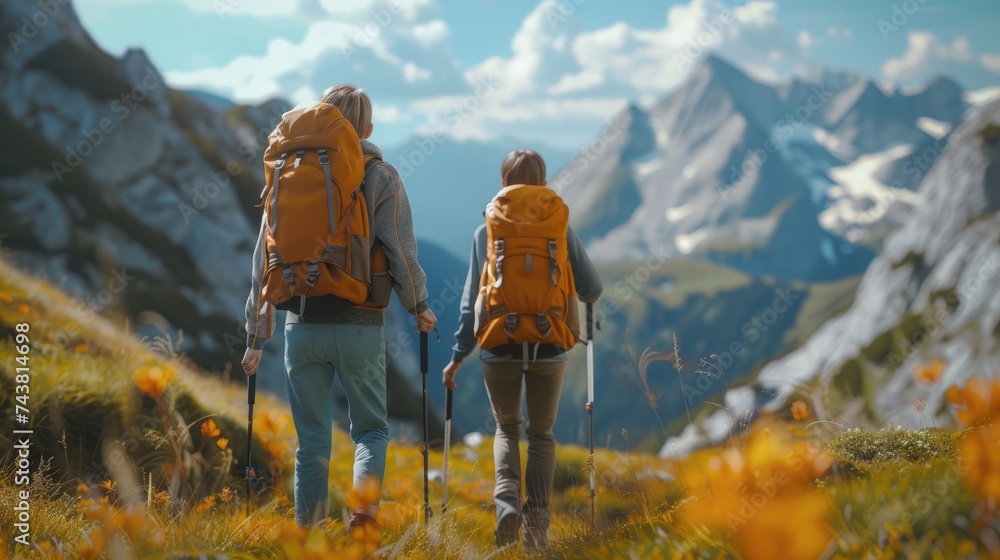 Adventurous Couple Trekking in Scenic Mountain Range with Vibrant Wildflowers