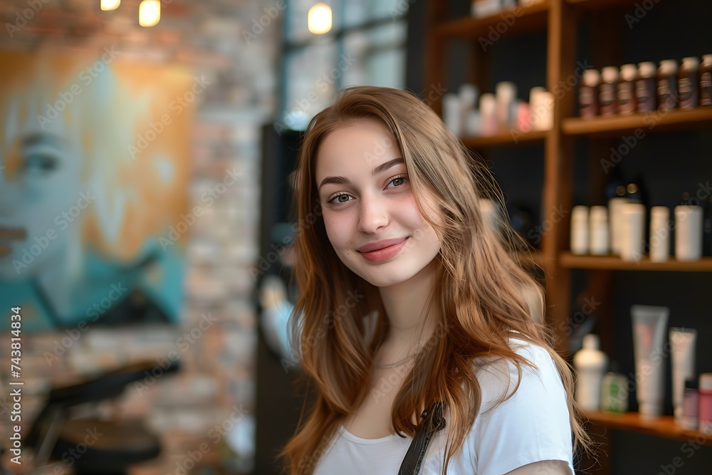 portrait of a smiling young woman hairdresser against the beauty salon