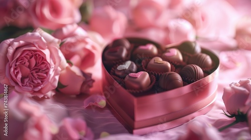 Valentine's Day Concept with Heart-Shaped Box of Chocolates and Roses