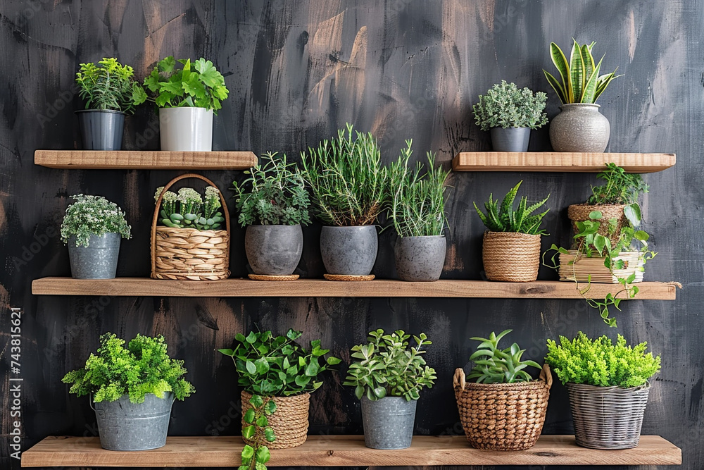Assorted Houseplants in Stylish Pots on Wooden Shelves Against Dark Textured Wall