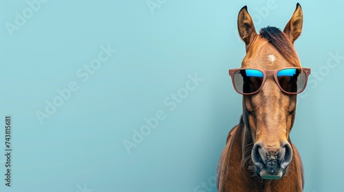 Fashionable horse in sunglasses on pastel background, perfect for personalized text. © Ilja