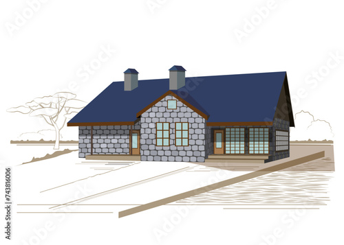 Modern house with landscape sketch. Vector illustration.