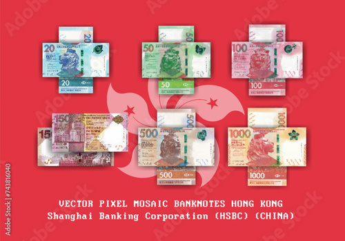 Vector set of pixel mosaic banknotes of Hong Kong and Shanghai Banking Corporation HSBC. China. Collection of notes in denominations of 20, 50, 100, 150, 500 and 1000 dollars. Play money or flyers. photo