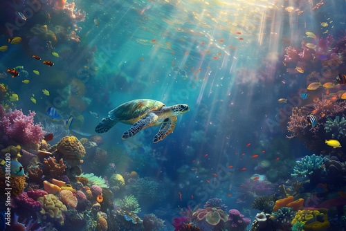 Underwater Sea Turtle in Colorful Coral Reef