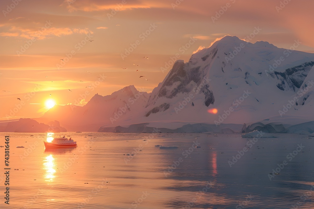 Red Boat Sails Past Rocks in Terragen Style with Snow Peaked Mountains in Distance