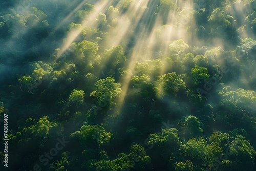 Aerial View of Sunlight Rays Shining Through Misty Forest