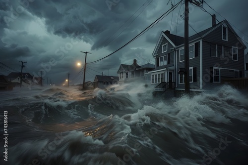 Hurricane Hitting Homes in New Jersey A Storm Surge Rushing Through a City Street photo