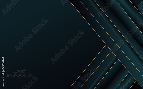 Dark blue gradient abstract background with luxury gold lines stripes. Modern minimalist background design, for poster, flyer, brochure, website banner, presentation template. 